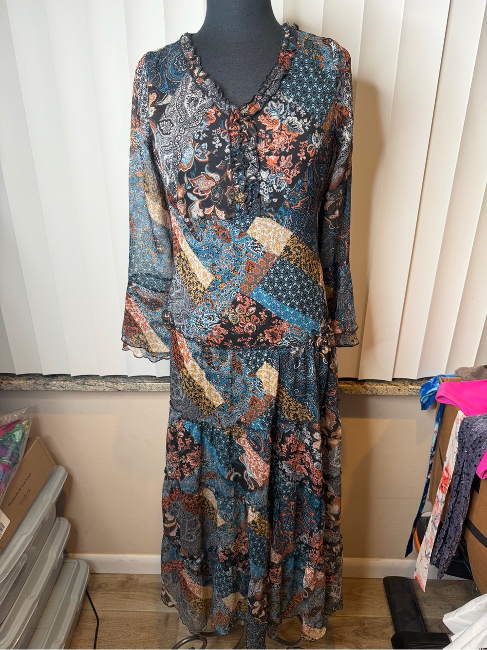 Coline Boho Patchwork Print Long Sleeve Maxi Dress – Blue Multi Size Small
